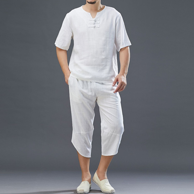 中国风夏季亚麻休闲纯色套装短袖