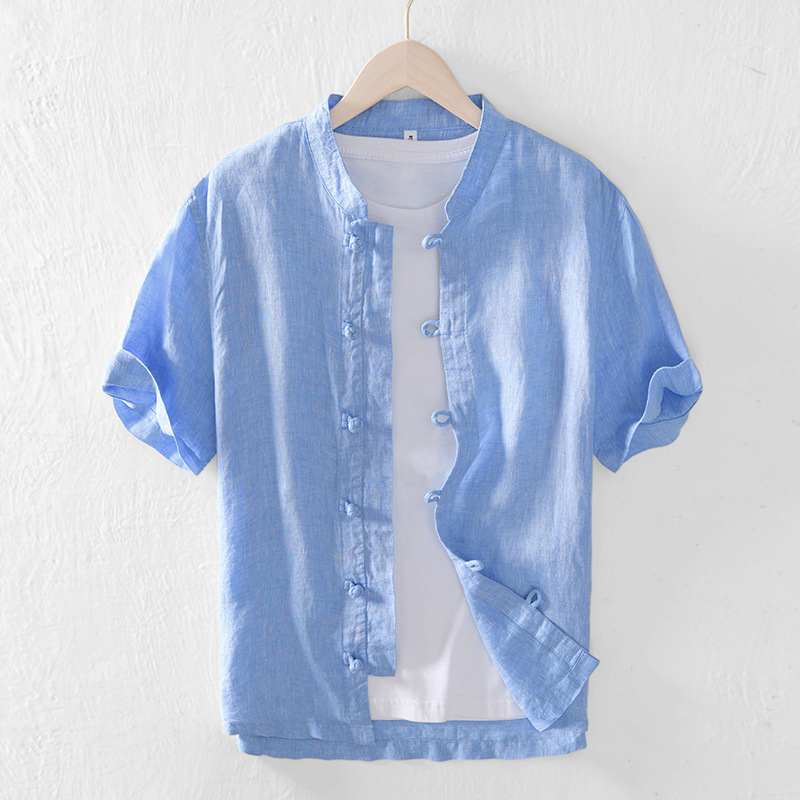 中国风复古盘扣亚麻衬衫男夏季薄款潮日系纯麻料短袖休闲衬衣茶服