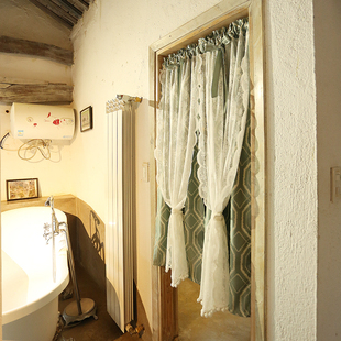鸢尾乡旅免打孔北欧蓝色菱形格双层窗帘门帘半帘柜子帘落地窗穿杆