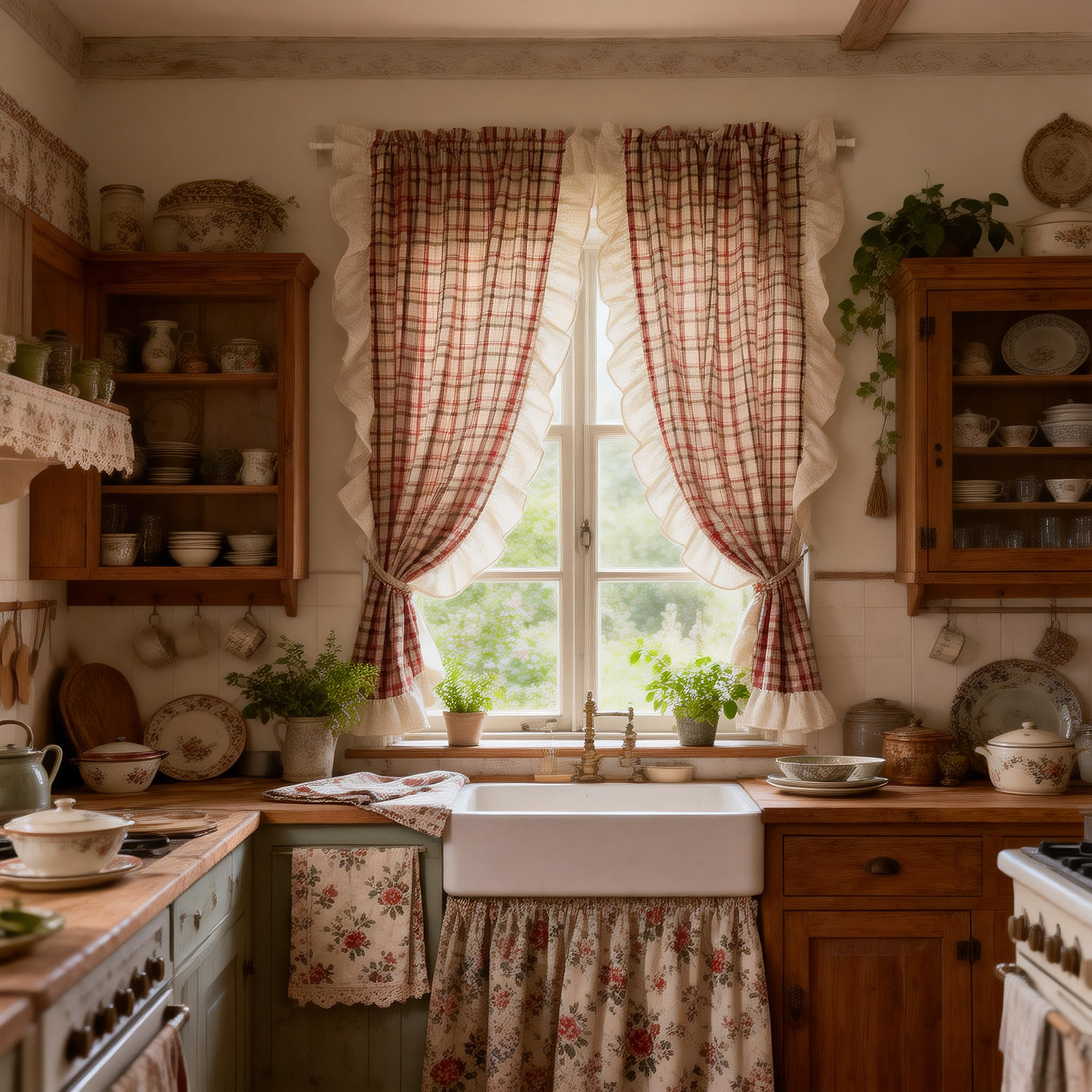 梅里免打孔乡村大格子美式半帘美式厨房窗帘门帘粘贴魔术贴定制