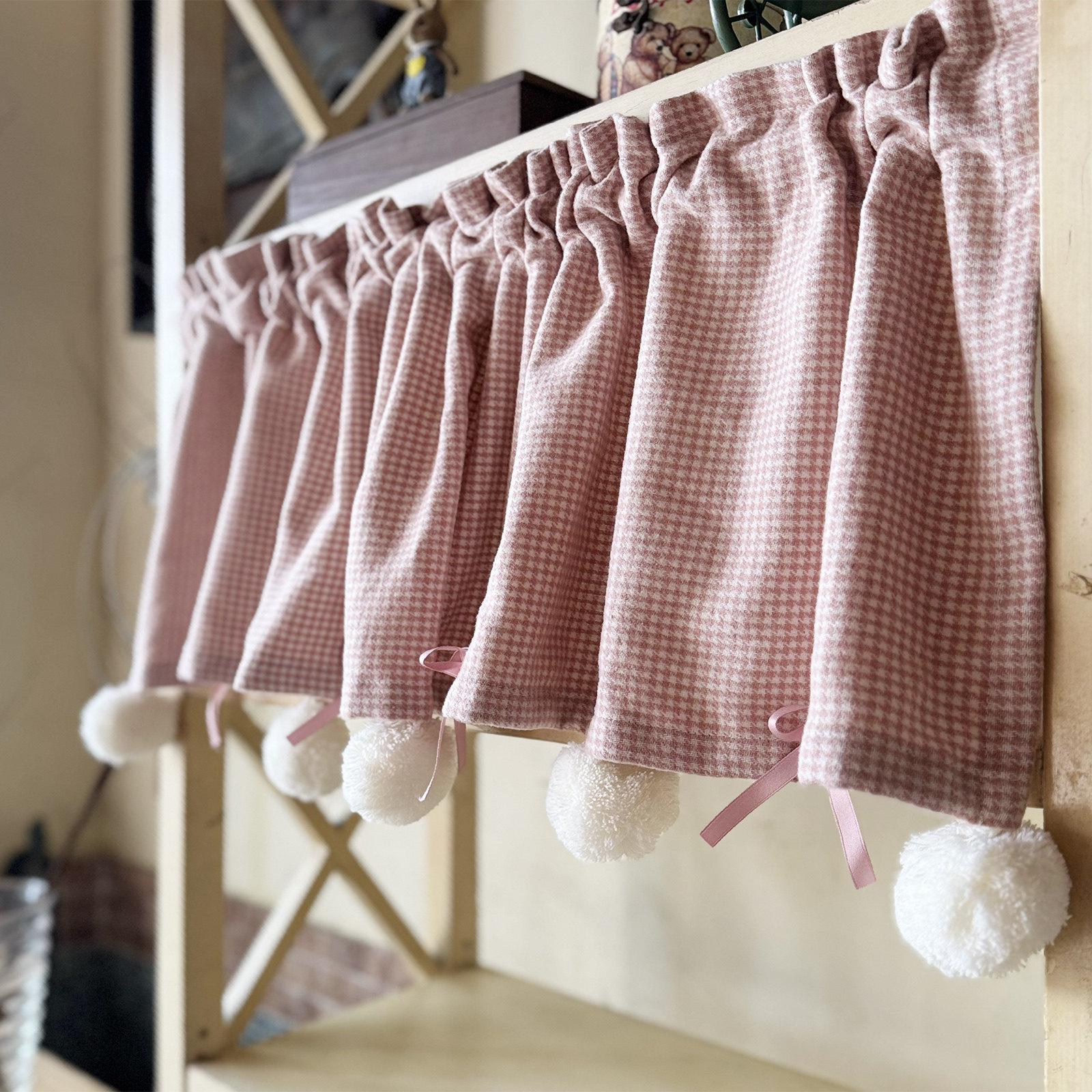 蜜糖韩式粉格子大毛球蝴蝶结门帘小窗帘小清新美式加厚免打孔穿杆,居家布艺,成品窗帘,淘宝优惠券,粉丝福利购,淘宝优惠卷