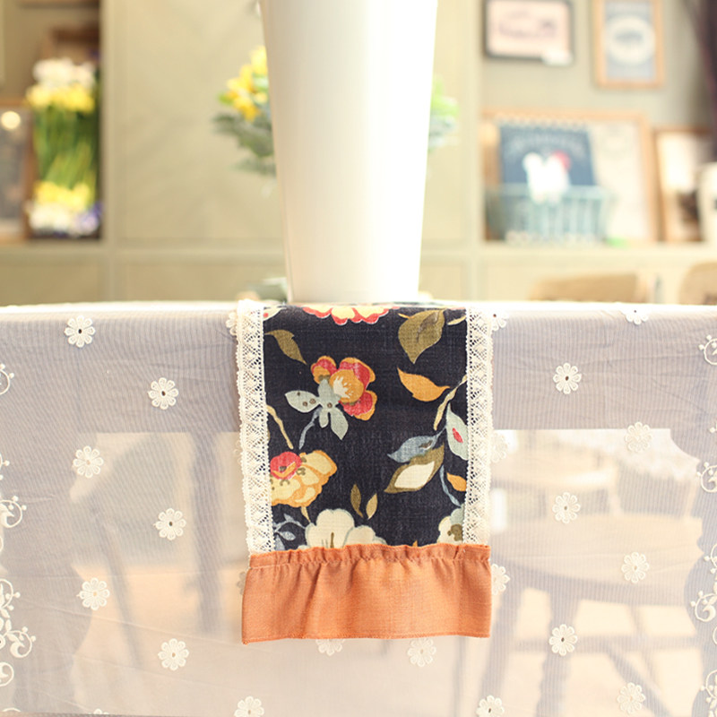 鸢尾乡旅美式黑底大花布北欧桌旗