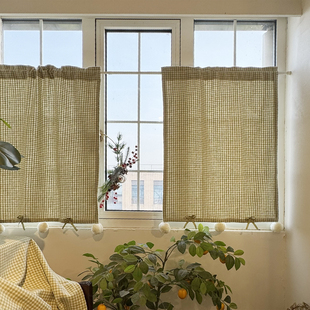 格子森林普罗斯旺乡村美式 毛球半帘门帘免打孔穿杆蝴蝶结窗帘清新