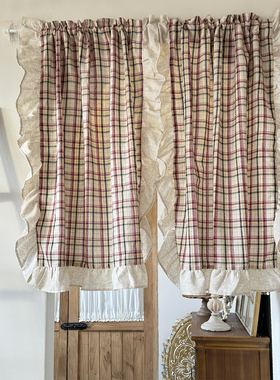 梅里免打孔乡村大格子美式半帘美式厨房窗帘门帘粘贴魔术贴定制