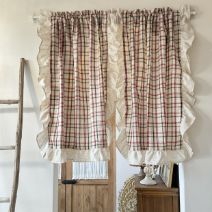 梅里免打孔乡村大格子美式 厨房窗帘门帘粘贴魔术贴定制 半帘美式