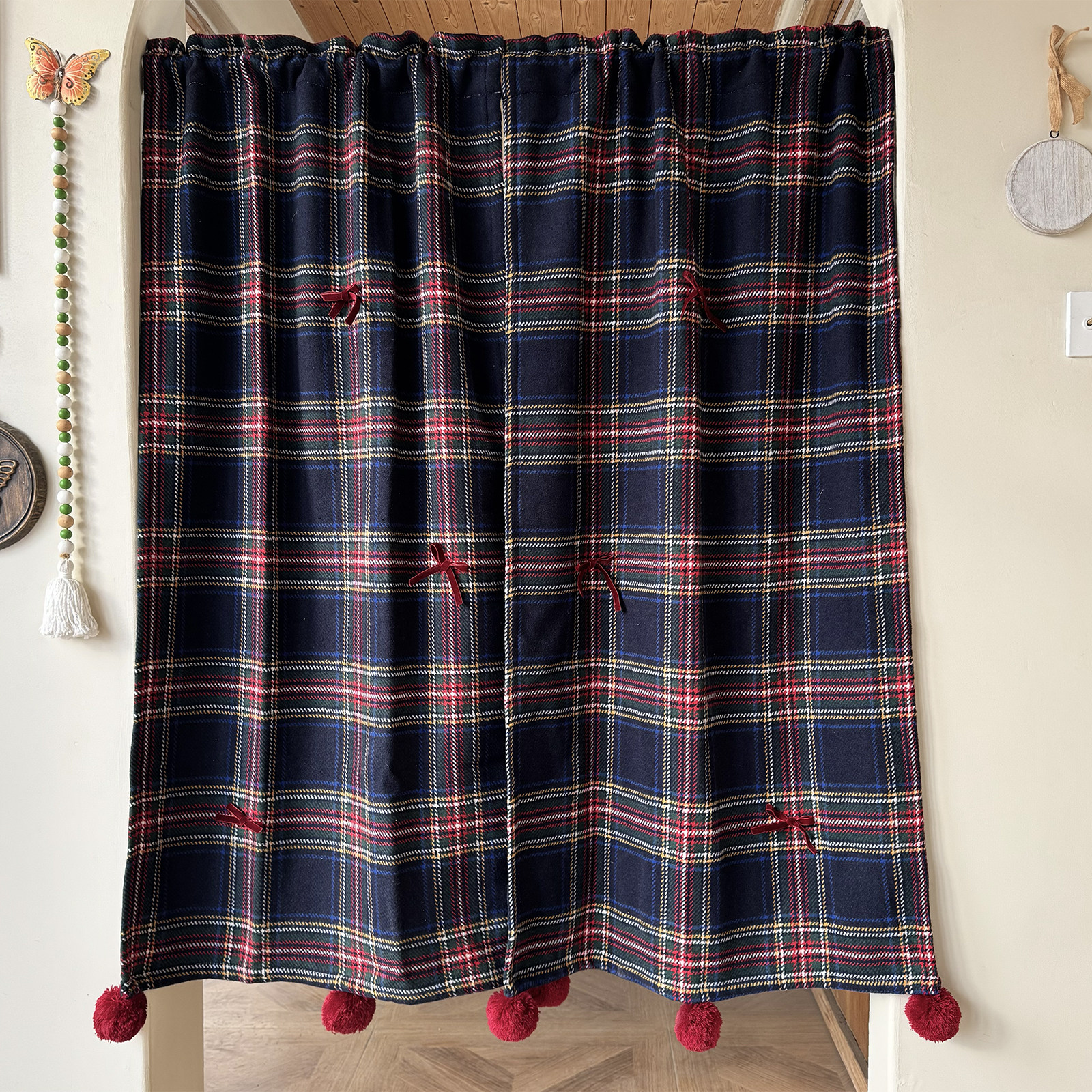 温莎之吻红丝绒蝴蝶结门帘小窗帘英伦复古格子加厚免打孔穿杆,居家布艺,成品窗帘,淘宝优惠券,粉丝福利购,淘宝优惠卷