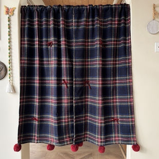 温莎之吻红丝绒蝴蝶结门帘小窗帘英伦复古格子加厚免打孔穿杆