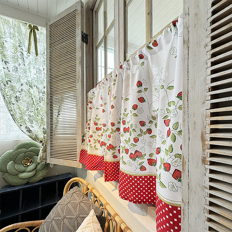 防水防污面料易清洗草莓厨房窗帘半帘门帘免打孔穿杆挂钩魔术贴帘,居家布艺,成品窗帘,淘宝优惠券,粉丝福利购,淘宝优惠卷