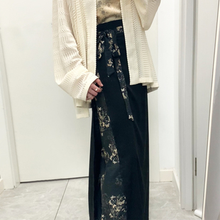 竹叶提花黑色金蝶拼色两片裙夏旋裙间色破裙定制大码日常半身裙