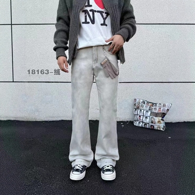 加绒牛仔裤男款秋冬宽松阔腿男生vibe高中青少年微喇裤子男款加厚