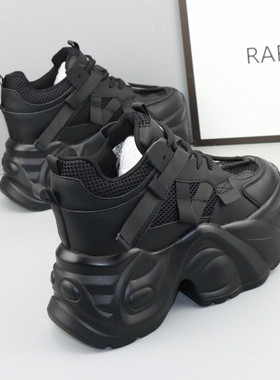 显瘦增高12CM黑色老爹鞋女秋季新款网面矮子乐10cm厚底休闲小白鞋