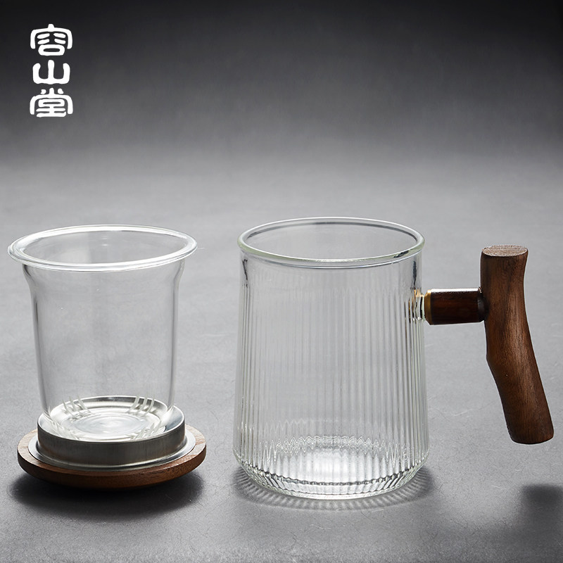 容山堂木把玻璃杯过滤带盖泡茶杯C个人绿茶杯花茶水杯实木加热底