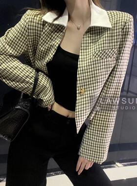 清仓特价！！米色翻领长袖复古格子夹克外套女士春秋气质上衣