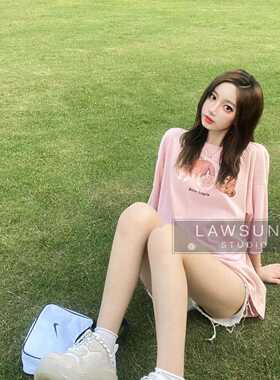 清仓！高版本夏季小清新小熊印花粉色上衣宽松短袖t恤日系慵懒风