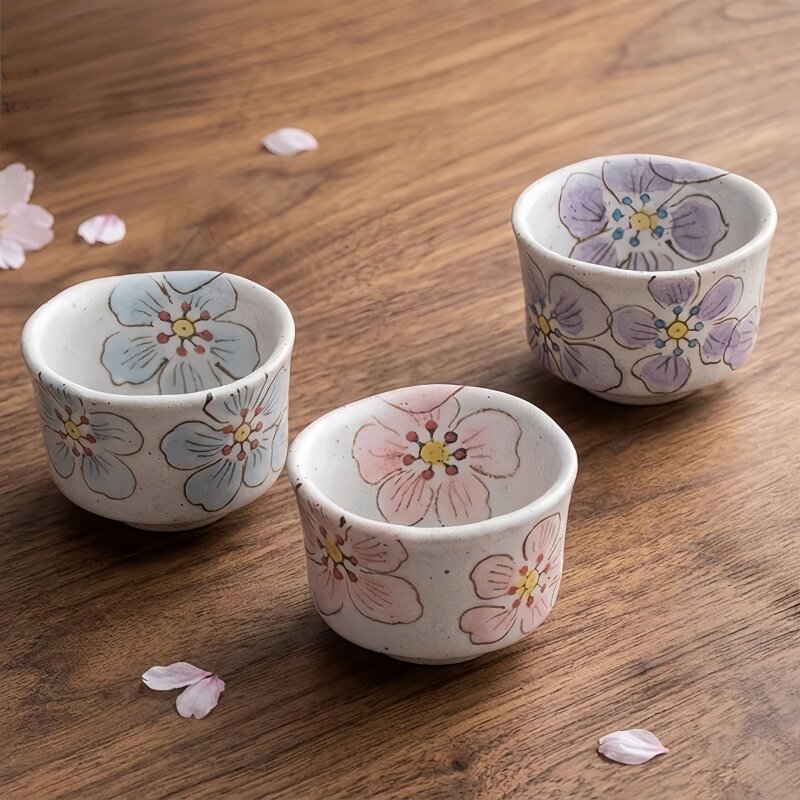 日本进口手绘樱花陶瓷茶杯日式复古釉下彩粗陶茶具主人杯品茗杯