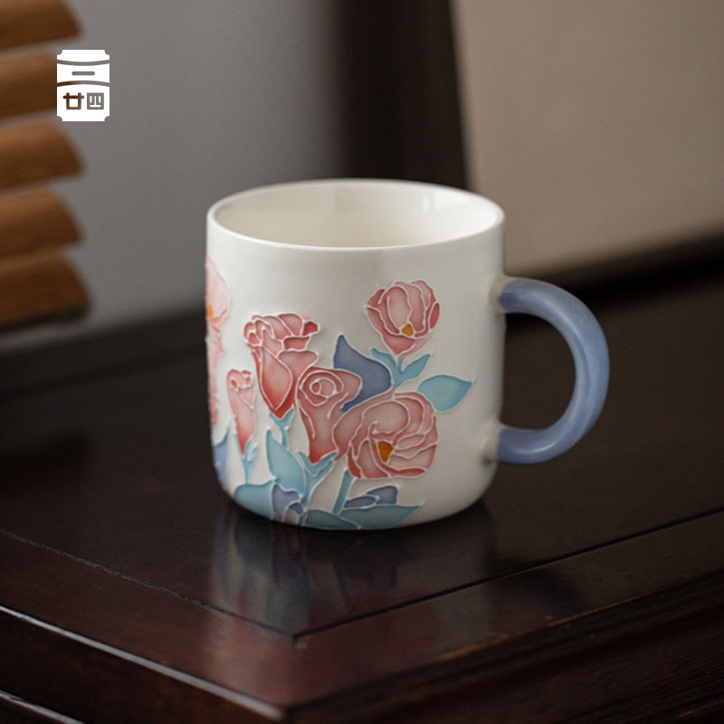 花有期玫瑰马克杯同合景德镇手绘陶瓷茶杯可爱女生办公室咖啡杯子
