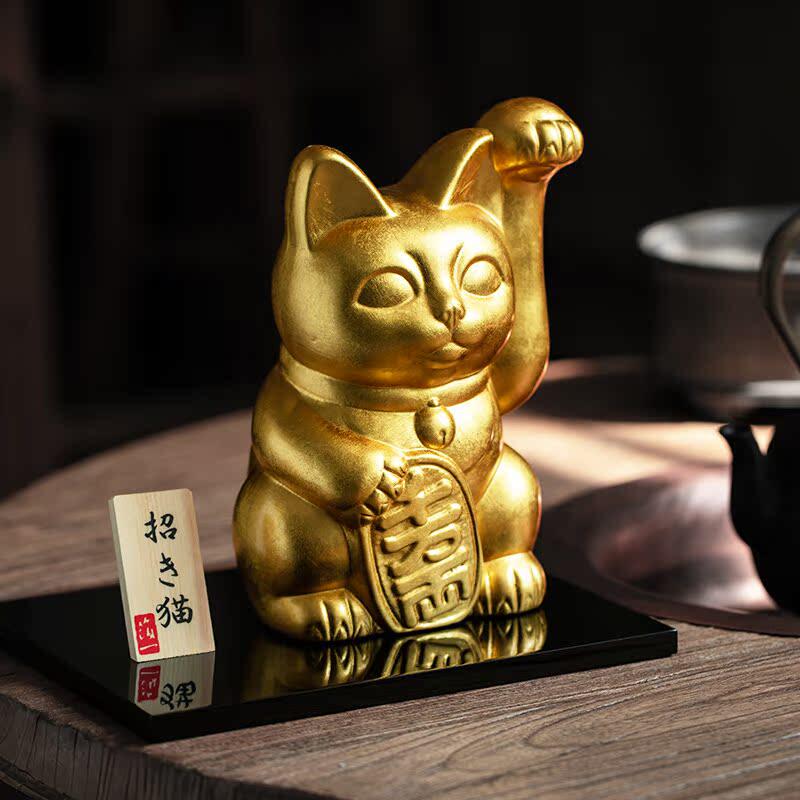 日本金泽箔一金箔陶瓷招财猫左手举开运摆件开业乔迁礼物金运招财