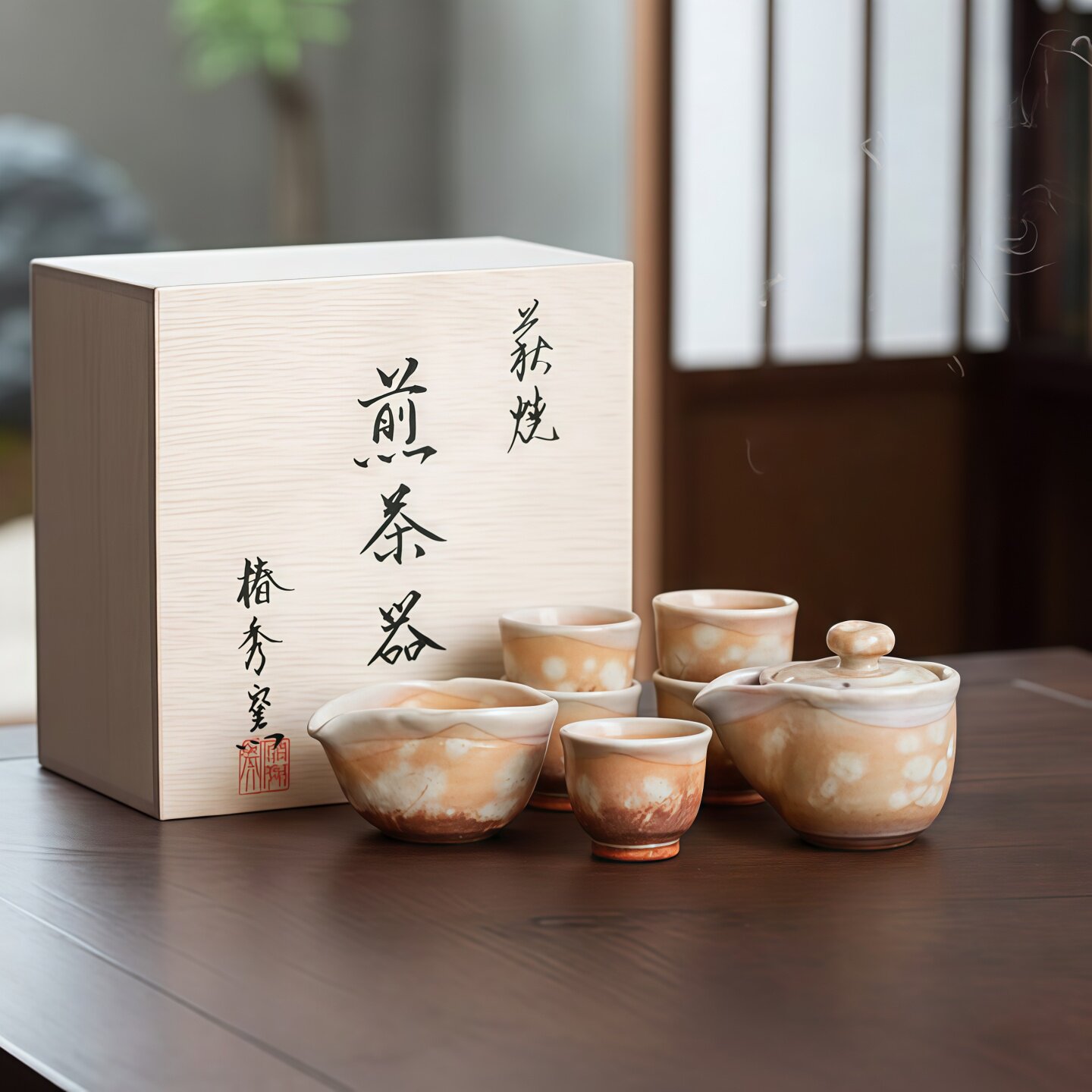日本进口萩烧椿秀窑手工茶壶茶杯套装日式高端陶瓷茶具礼盒7件套