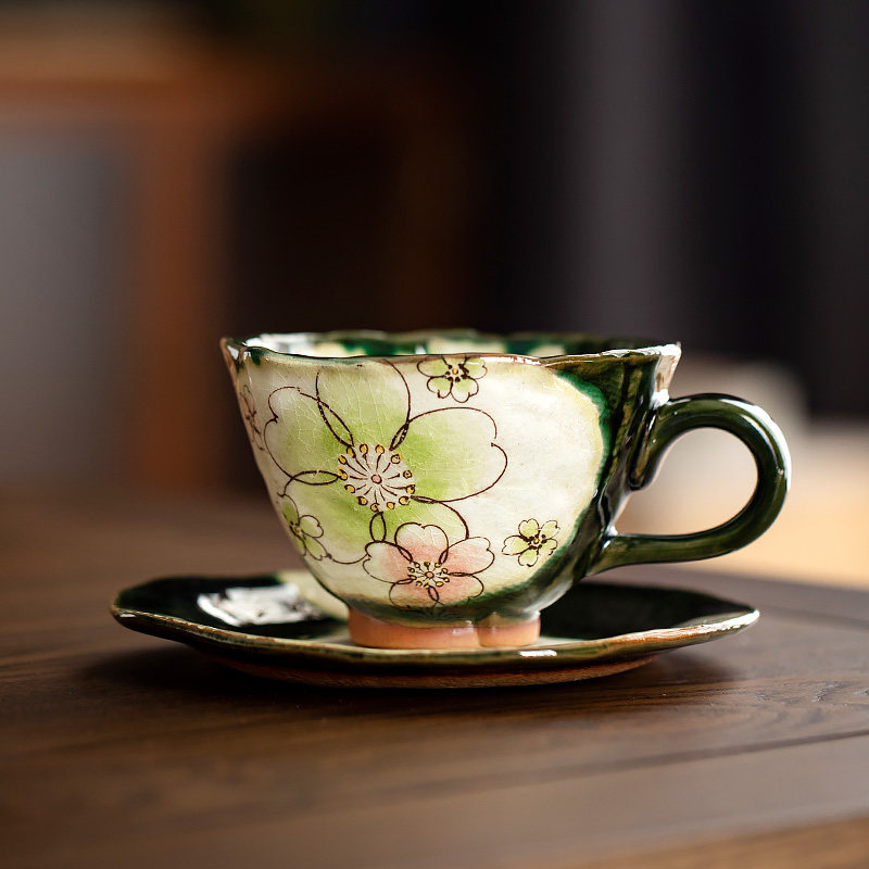 同合日本进口手绘樱花咖啡杯套装釉下彩日式下午茶茶杯陶瓷咖啡杯