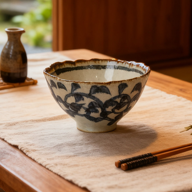 日本进口唐草纹陶瓷碗大汤碗手工日式复古釉下彩饭碗面碗精致餐具