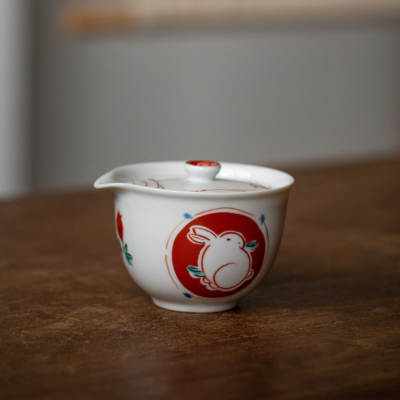 同合日本进口藏珍窑前兔似锦茶具日式家用赤绘可爱兔子茶壶品茗杯