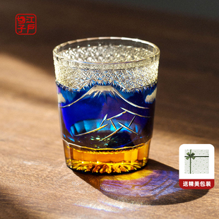 同合日本进口水晶富士山套色江户切子杯子手工日式威士忌洋酒杯