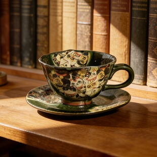 同合日本进口织部招财猫咖啡杯碟套装手工日式釉下彩卡布奇诺杯