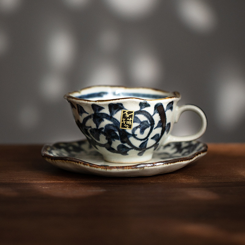 日本进口美浓烧手绘陶瓷杯樱花复古粗陶咖啡杯茶杯碟子套装