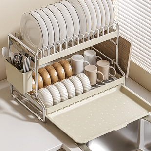 碗架收纳架厨房台面碗盘置物架子家用多功能放碗碟筷沥水架奶油风
