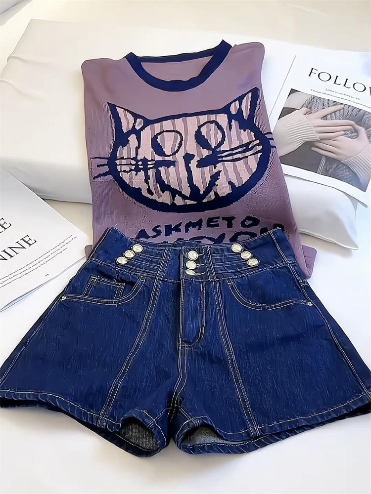 时尚设计感三排扣牛仔短裤夏季高腰显瘦热裤a字阔腿裤百搭休闲裤