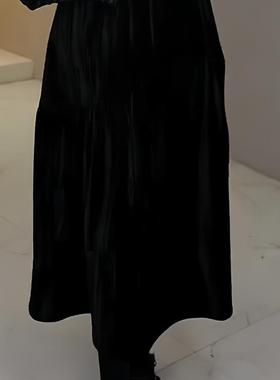 黑色丝绒A字高腰半身裙秋冬新款中长款气质轻奢慵懒感通勤大摆裙