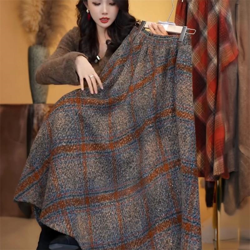 复古亮片格子毛呢遮肉肉大摆裙