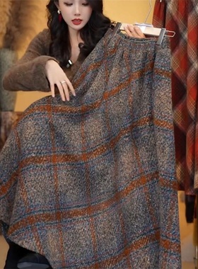 复古亮片格子毛呢半身裙秋冬时尚流行松紧腰显瘦A字遮肉肉大摆裙