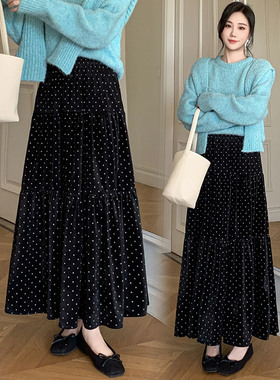 秋冬法式丝绒印花圆点半身裙女松紧腰a字拼接蛋糕长裙高腰大摆裙