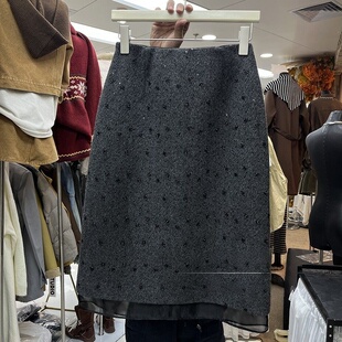 法式 优雅毛呢亮片半身裙女气质高级感显瘦包臀中长裙网纱拼接裙子