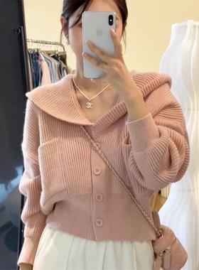 温柔软糯连帽毛衣开衫粉色外套女秋冬短款针织衫设计小众长袖上衣