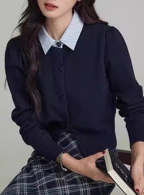 秋季新款惬意抒情蓝色假两件针织开衫百搭通勤气质洋气毛衣上衣女