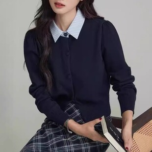 秋季新款惬意抒情蓝色假两件针织开衫百搭通勤气质洋气毛衣上衣女