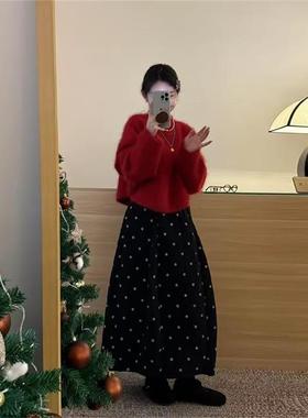 秋冬搭配一整套韩系时尚新年穿搭红色针织毛衣波点半身裙两件套女