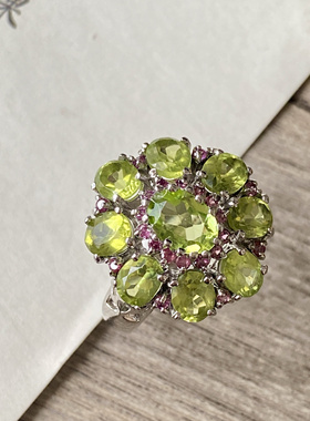 德国回流古董库存全新品质橄榄石银戒指花朵15号