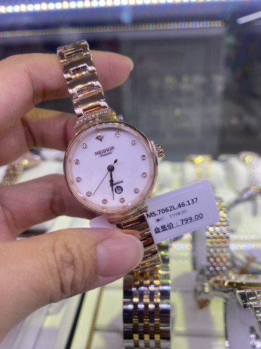 正品MESHOR名梭手表女表女士超薄石英表时尚防水钢带镶钻日历7062