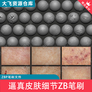 43款ZBrush逼真人类皮肤细节角色毛孔皱纹ZB笔刷ZBP格式