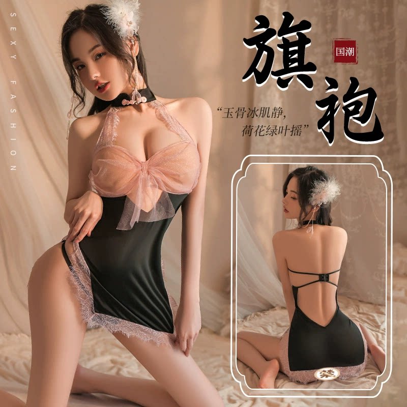 性感蝴蝶结睡裙旗袍挂脖透视睡衣