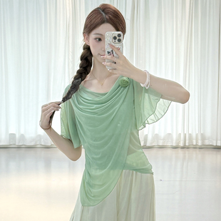 古典舞纱衣短袖 舞蹈上衣女花朵飘逸网纱中国舞身韵练功服芭蕾 夏季