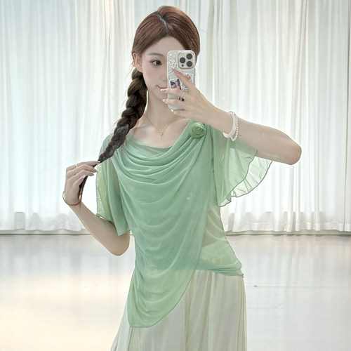 衣霓子古典舞花朵纱衣荡领短袖夏