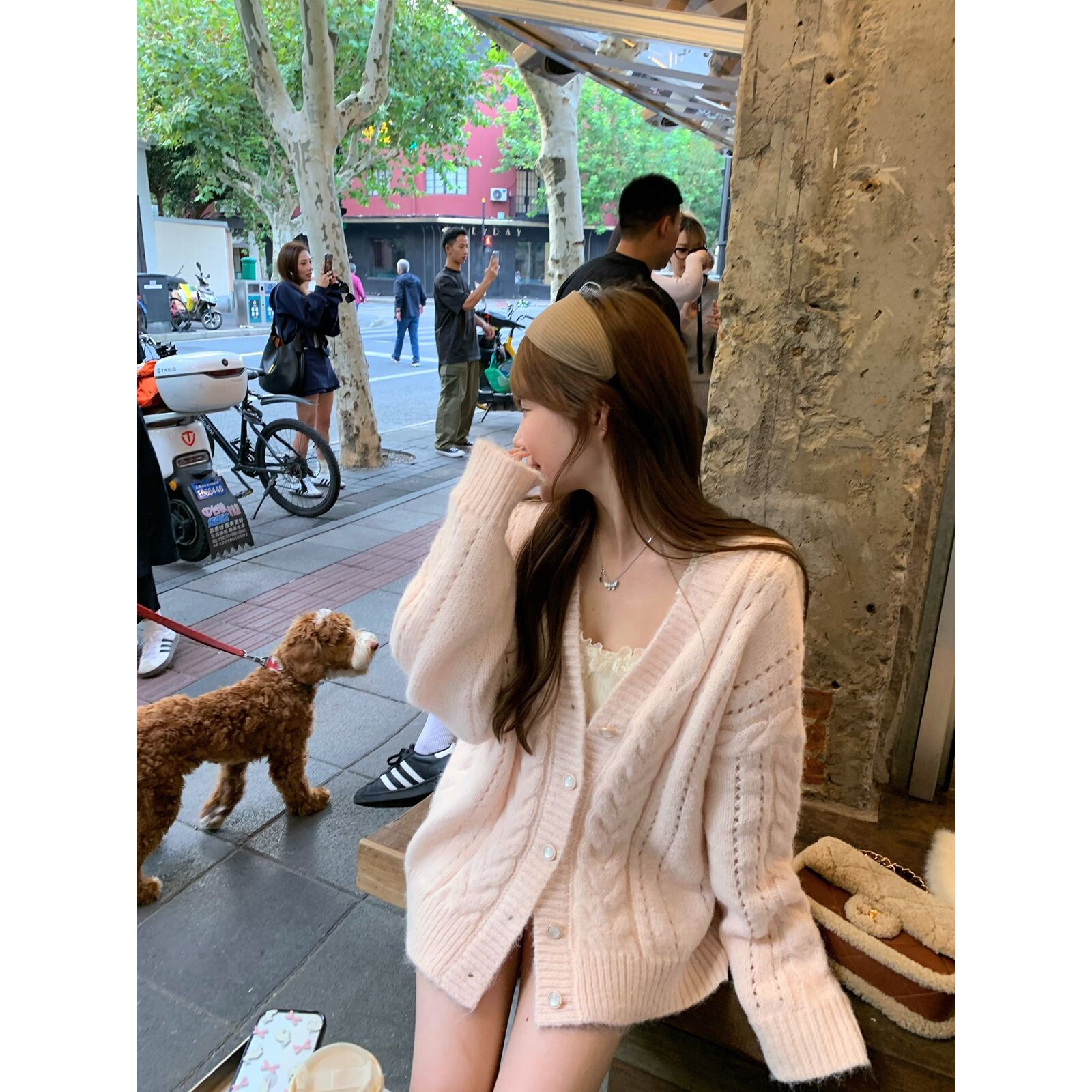 粉色麻花温柔风甜美粉色v领毛衣开衫外套女秋冬宽松慵懒针织上衣