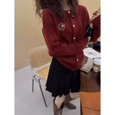 艾纯诗气质百搭刺绣麻花针织开衫外套秋冬新款时尚香风毛衣上衣女