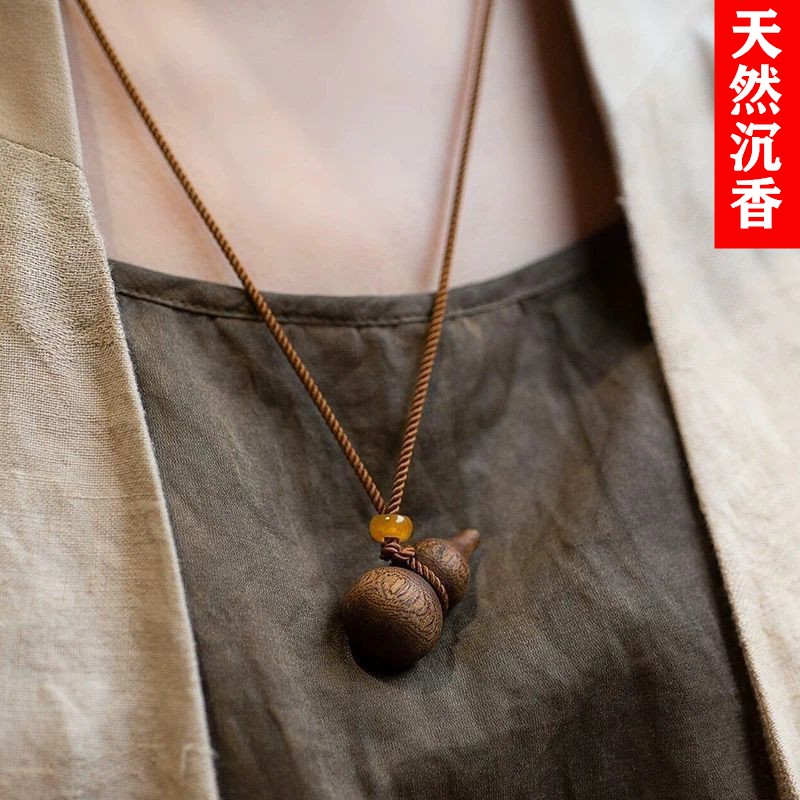 原创天然奇楠沉香葫芦毛衣链吊坠
