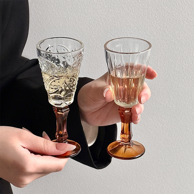 复古经典咖底浮雕香槟杯红酒杯轻奢高级感家用高脚ins玻璃甜酒杯