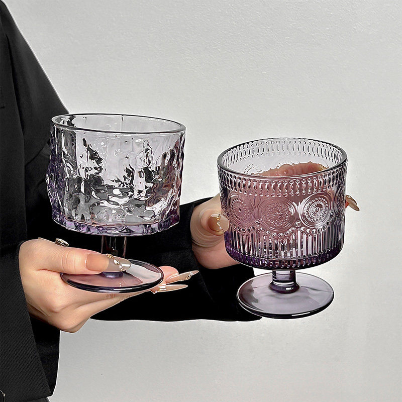 古典紫复古浮雕高脚玻璃杯鸡尾酒杯微醺酒杯饮料杯水杯甜品杯子,餐饮具,玻璃杯,淘宝优惠券,粉丝福利购,淘宝优惠卷